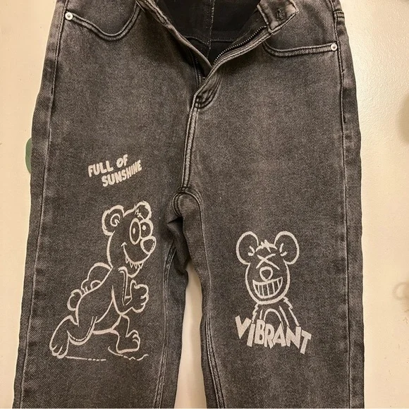 High Stretch Mid-Rise Barrel Jeas Fashion Black Animation Graphics Sz 28 - Picture 2 of 15